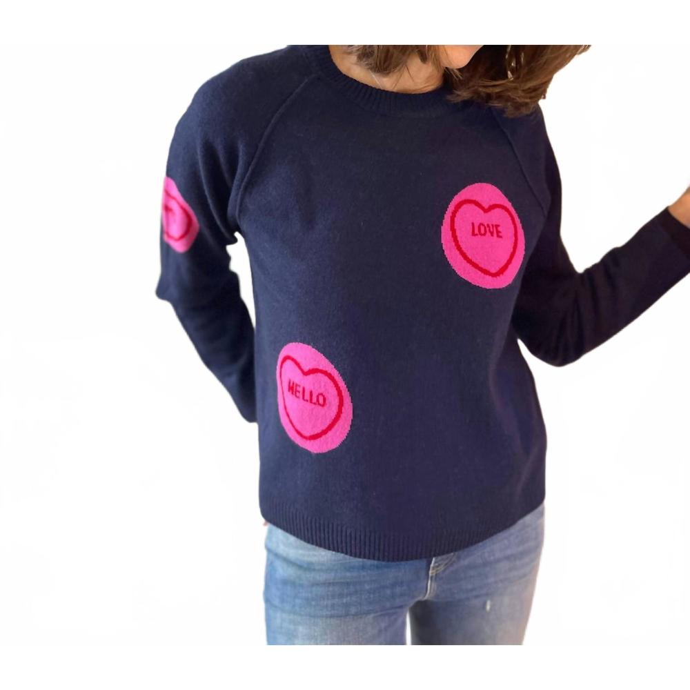 NEW JUMPER1234 navy cashmere sweater with hearts in navy blue
